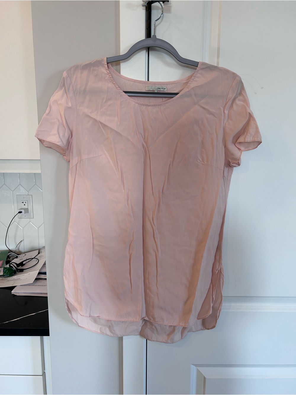 Oak + Fort Blush Pink Short Sleeve Blouse Minimalist Soft Draped Top Flowy Light